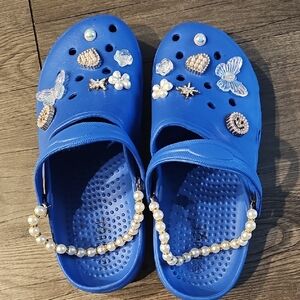 Blue Clogs with Pearl and Sea-Themed Charms
